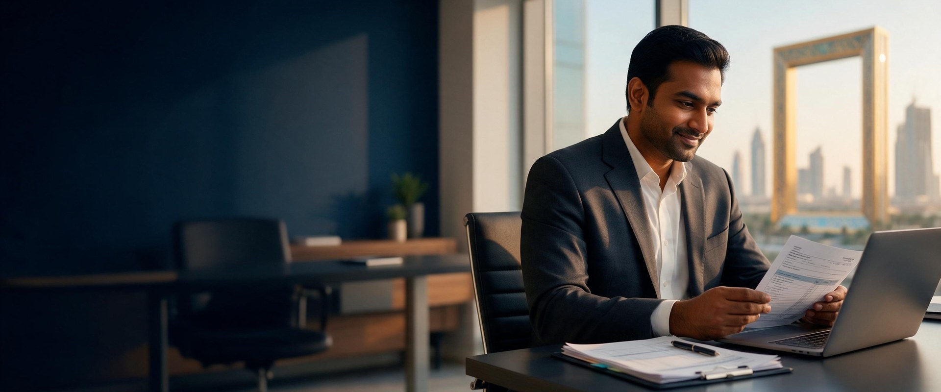 Tax advisor reviewing a return with Dubai skyline in view
